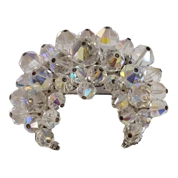 Silver Tone AB Cluster Beaded Crescent Moon Style Brooch Pin E20 - Picture 2 of 11